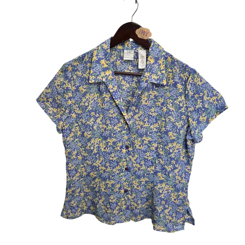 Emma James Liz Claiborne Floral Button Down Shirt Blue Yellow Short Sleeve Sz 12